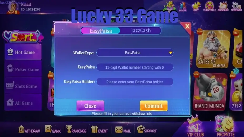 Lucky 33 Game Deposit via EasyPaisa and JazzCash